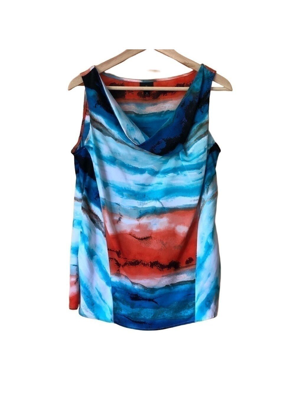 Worthington sleeveless bright watercolor asymmetrical drape neck blouse size M